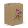 A gift box with a colourful design featuring pink and blue elements, tied with a black bow, on a kraft background.
