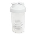 A drink bottle featuring a clear body with a white lid and an interior whisk ball. It has a logo on the side.