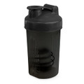 A drink bottle in dark grey with a secure lid and built-in mixing element, featuring a logo.