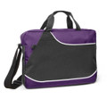 A purple and black satchel with a shoulder strap and handles, featuring a decorative white trim and a logo.