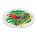 A round cardboard drink coaster featuring a vibrant red parrot amidst green leaves, with a logo displayed.