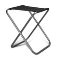 A folding stool with a black fabric seat and a lightweight metallic frame.