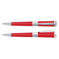 A red metal pen with silver accents and a logo, displayed in two positions.