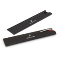A sleek metal pen in a black presentation box, featuring a silver and red design with a logo.