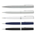 A collection of five metal pens in silver, white, navy blue, and black, featuring a branded logo.