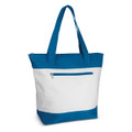 A tote bag featuring a blue top and base with a white middle section, including a zippered pocket.