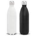 A drink bottle featuring a sleek design, available in white and black, with a stainless steel cap and base.
