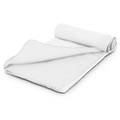 A white cooling towel rolled partially open, featuring a textured surface and a stitched edge. It includes a logo.