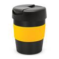 A drink bottle featuring a black body with a yellow silicone band and a secure lid. It has a branding logo.