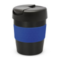 A drink bottle with a black body and a blue silicone grip, featuring a secure lid.