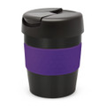 A drink bottle with a black body and a purple silicone band, featuring a secure lid. It includes a logo.