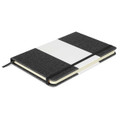 A notebook featuring a grey fabric cover with a white stripe and an elastic band closure. It has a logo on the front.