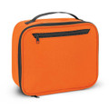 An orange lunch cooler bag with a black zippered pocket and handle. It has a simple, rectangular design.