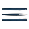 A blue metal rolling ball pen with a sleek design and silver accents, featuring a clip and branding.