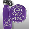 A drink bottle in purple with a flip lid and a logo featuring circular designs.