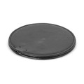 A round, black wireless charger with a smooth surface and a micro USB port.