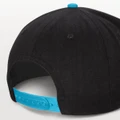 A black flat peak cap with a turquoise adjustable strap at the back.