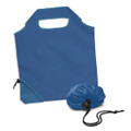 A reusable grocery bag in blue with a drawstring pouch for easy storage, featuring a handle cutout and logo.