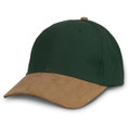 A green cap with a tan suede peak, designed in a casual style suitable for outdoor wear.