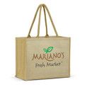 A tote bag featuring a natural jute material with handles, prominently displaying the logo "Mariano's Fresh Market."