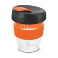 A drink bottle featuring a clear body, black lid, and an orange silicone band. It includes a logo.