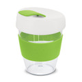 A reusable coffee cup with a clear body, white lid, and green silicone band and top. It has a logo on the side.