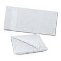 A soft, light grey beach towel folded in half, featuring a subtle logo on one side.