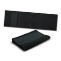 A black sports towel displayed unfolded and folded, featuring a simple design and a logo.