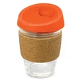 A drink bottle featuring a clear glass body, a cork band for grip, and an orange silicone lid.