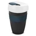 A drink bottle featuring a black body and a white lid with a dark blue band. It includes a logo.