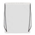 A white drawstring backpack with black straps and a simple design, featuring a small logo.
