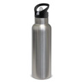 A drink bottle featuring a sleek stainless steel design with a black lid and carrying handle, plus a logo.