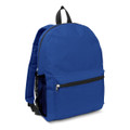A blue backpack with a front pocket, mesh side pocket, and adjustable straps, featuring a logo on the front.