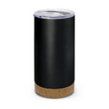 A drink bottle in matte black with a cork base and a clear lid, featuring a logo on the side.