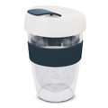 A drink bottle featuring a clear body, white lid, and navy blue silicone band. Ideal for hot beverages.