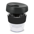 A drink bottle with a black lid and band, featuring a transparent body, designed for 230ml capacity.