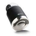A drink bottle in matte black with a silver stainless steel top and a logo displayed on the body.