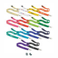 A selection of cotton lanyards in various colours, each featuring clips and logos.