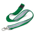 A green reflector lanyard with a silver reflective stripe and a metal clip. It has a sturdy design.