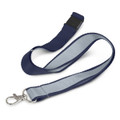 A navy blue lanyard with a reflective grey underside and a silver clip for attaching items. It includes a branding logo.