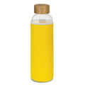 A drink bottle with a yellow neoprene sleeve and a bamboo lid, featuring a transparent glass body.