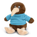 A brown kiwi plush toy wearing a blue shirt, features large eyes and a long beak, set against a white background.