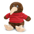A brown plush kiwi toy wearing a red shirt, featuring large eyes and a long beak. It has a logo on its shirt.