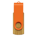 A bamboo flash drive featuring an orange cap and a circular hole for attachment. It has a branding logo.