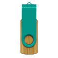 A bamboo flash drive featuring a turquoise plastic cap and a circular hole for easy attachment.