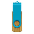 A turquoise and bamboo flash drive with a swivel design and a circular keyring attachment.