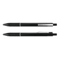 A black metal pen featuring a textured grip and a pocket clip, with a sleek design and silver detailing.