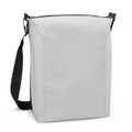 A cooler bag in grey with a black adjustable strap and zip closure, featuring a logo on the front.