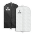 Two garment bags in black and white, featuring a logo on each, with a zip closure and hanging loops.