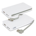 A white wireless charging power bank with a grey cable attached, featuring multiple charging ports and a logo.
